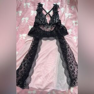 Elegant Black and Pink Lace Nightgown